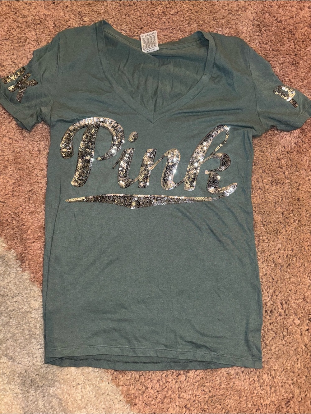 PINK Victoria's Secret Sequin Logo V-Neck Tee - Teal